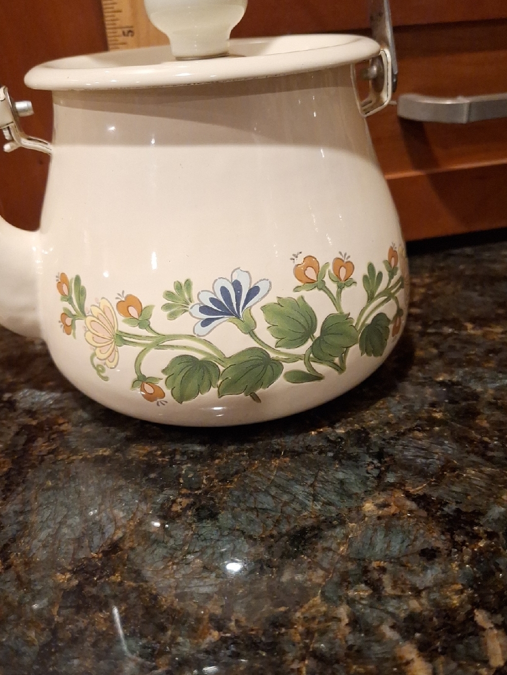 Vintage Kobe Teapot, Cream Floral Enamel  with Green & Blue Motif